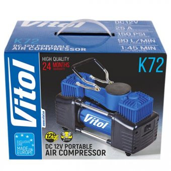 Компрессор ViTOL K-72 150psi/25Amp/90л/2 цилиндра/шланг 5,0м/клеммы/с дефлятором (K-72)