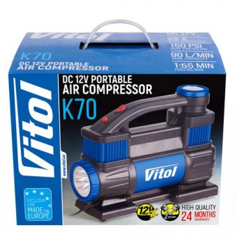 Компрессор ViTOL K-70 150psi/23Amp/90л/2 цилиндра/шланг 5,0м/клеммы (K-70)